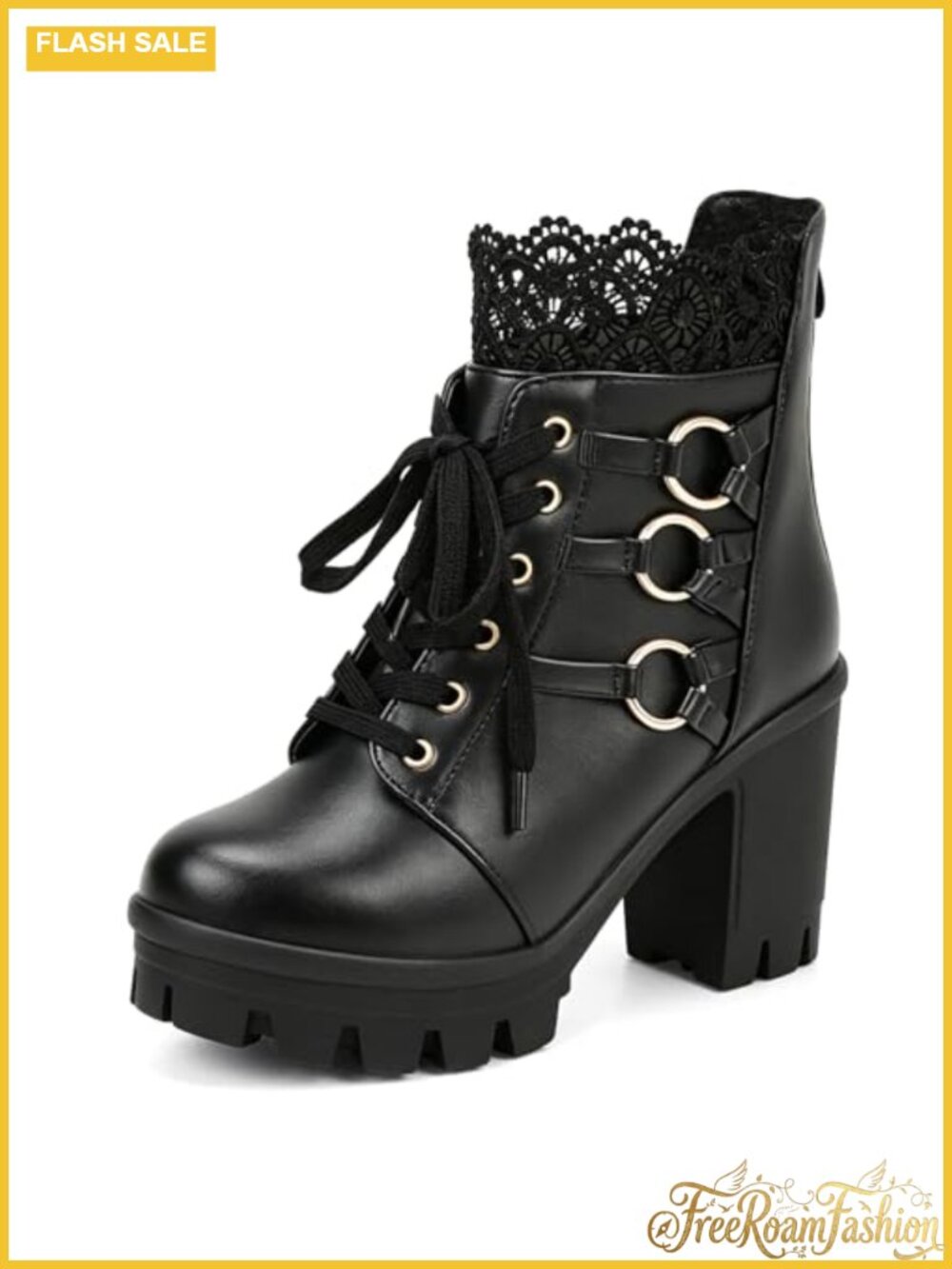 MEOTINA Platform Heel Combat Boots Punk Studded Lace Up Women